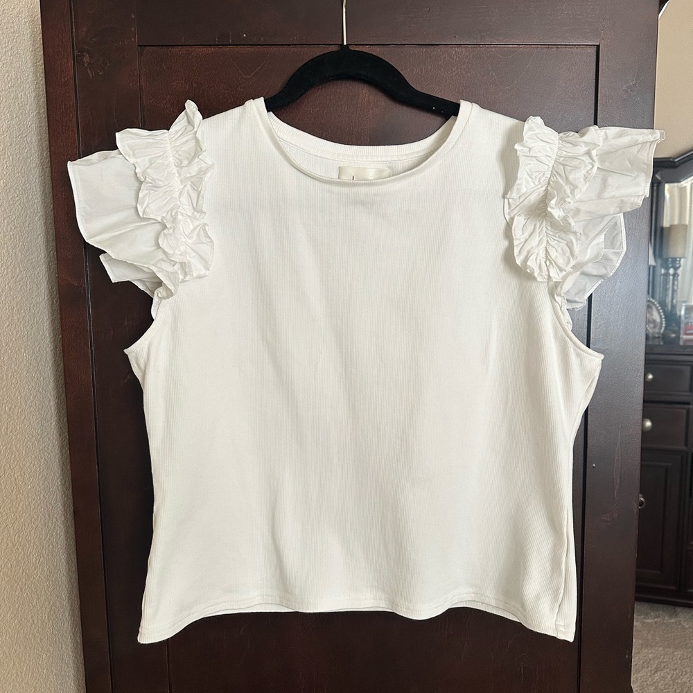 By Anthropologie White Ruffle Sleeve Top Size XL